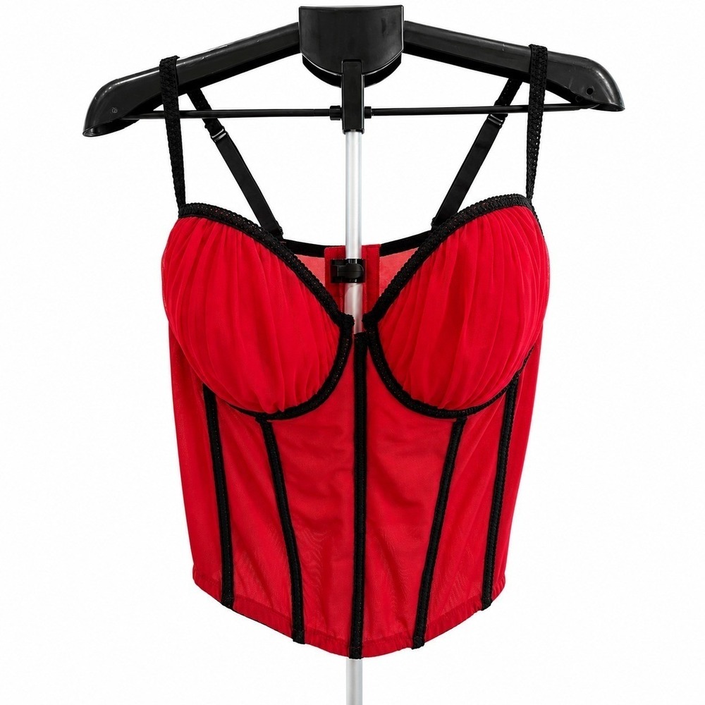 Cacique Red Mesh Corset Bustier Top Black Trim Plus Size 26/28 Underwire Boned
